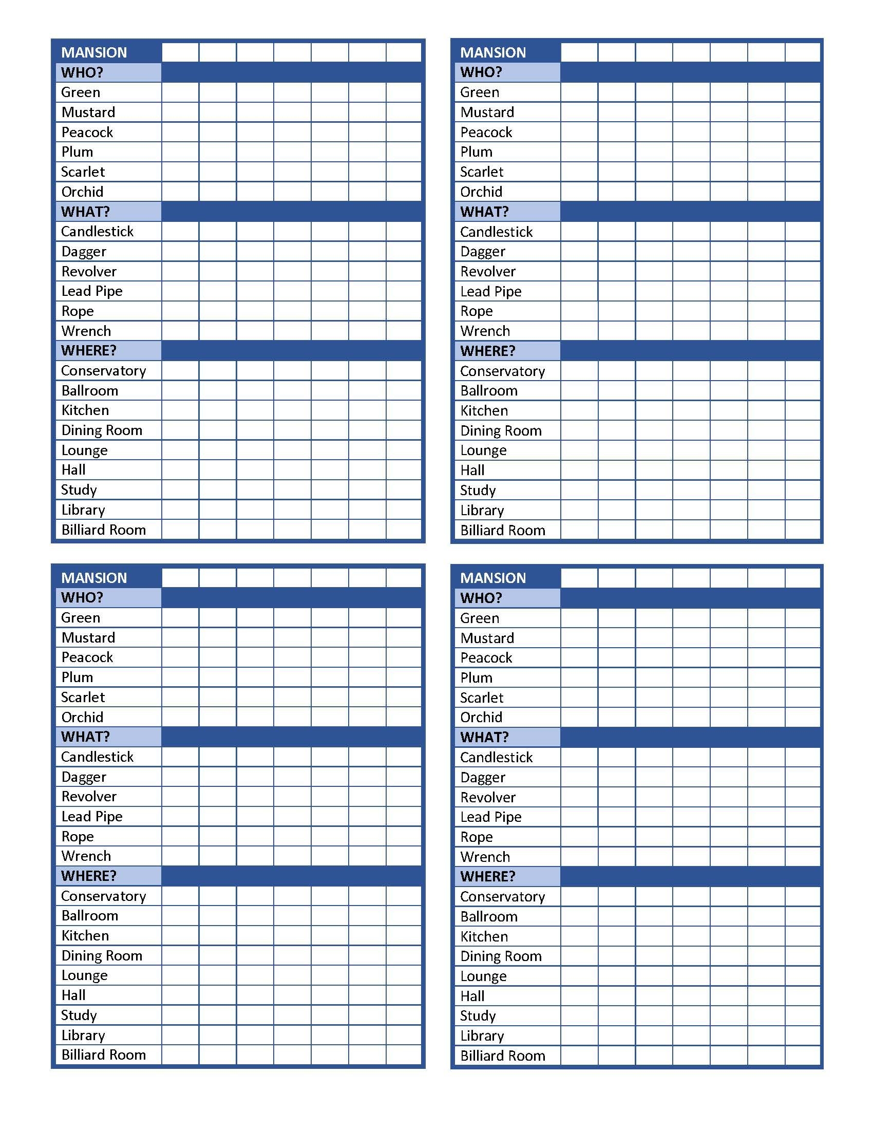 Free Printable Clue Game Sheets