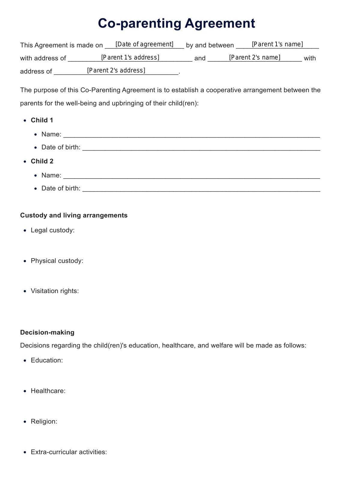 Free Printable Child Custody Agreement