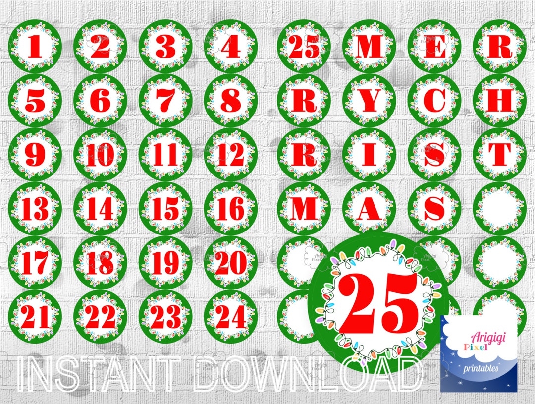 Countdown To Christmas Printable Advent Calendar Labels Green Numbers 1 25 And Letters MERRY CHRISTMAS For Download Etsy