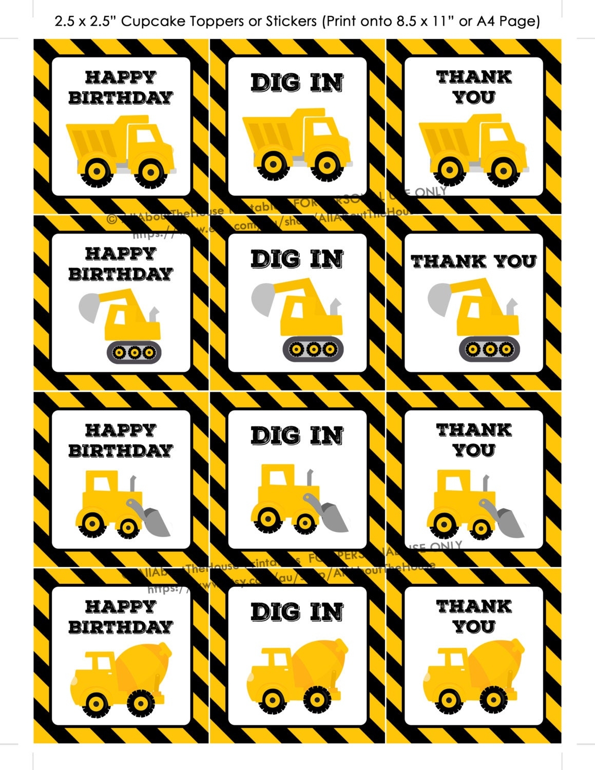 Cupcake Topper Party Printable Construction Thank You Hang Tag Sticker Label Boy Birthday Party Party Decor Diy Instant Download Etsy