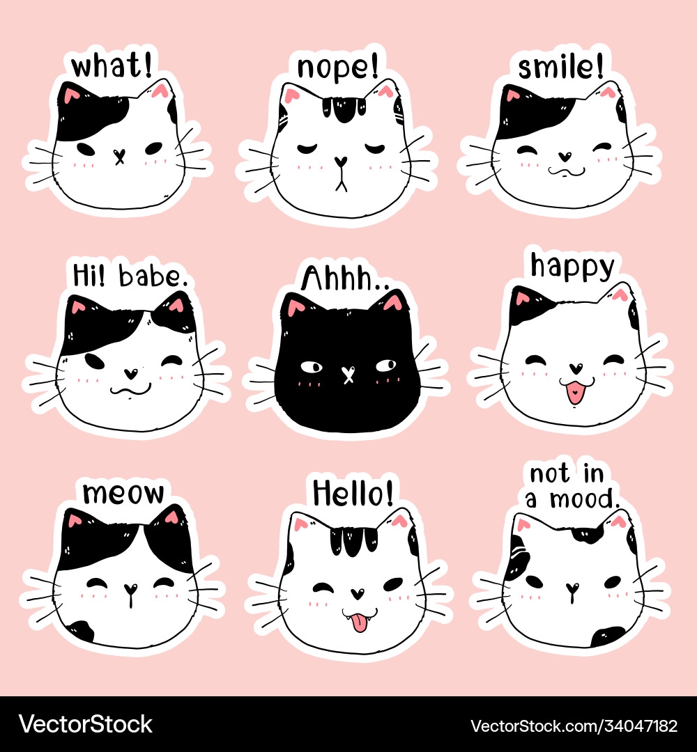 Cute Face Kitten Cat Printable Sticker Set Vector Image
