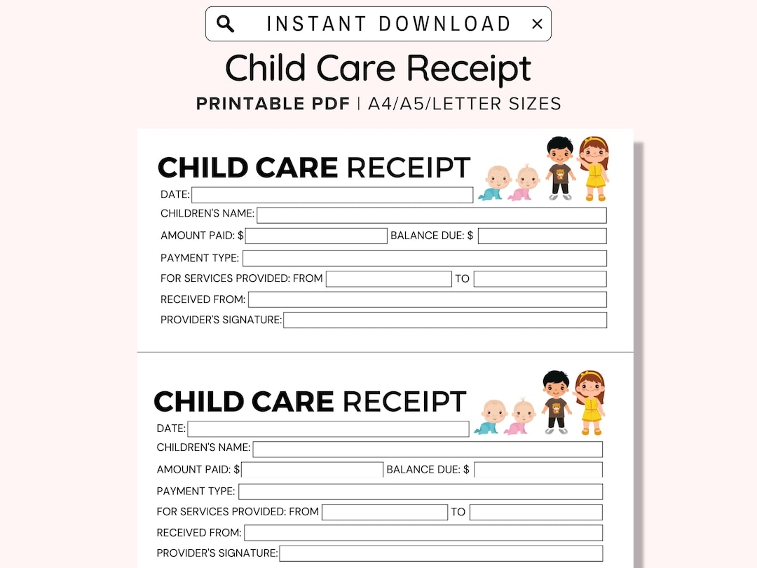 Daycare Receipt Printable Printable Payment Receipt For Child Care Services Perfect For Centers Preschools In Home Daycares PDF Etsy