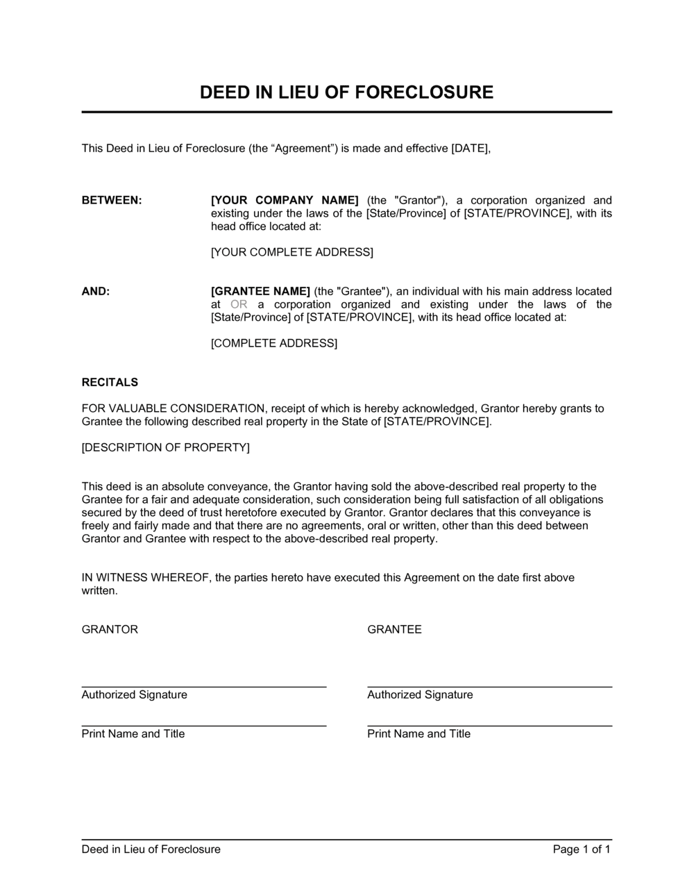 Deed In Lieu Of Foreclosure Template Download 