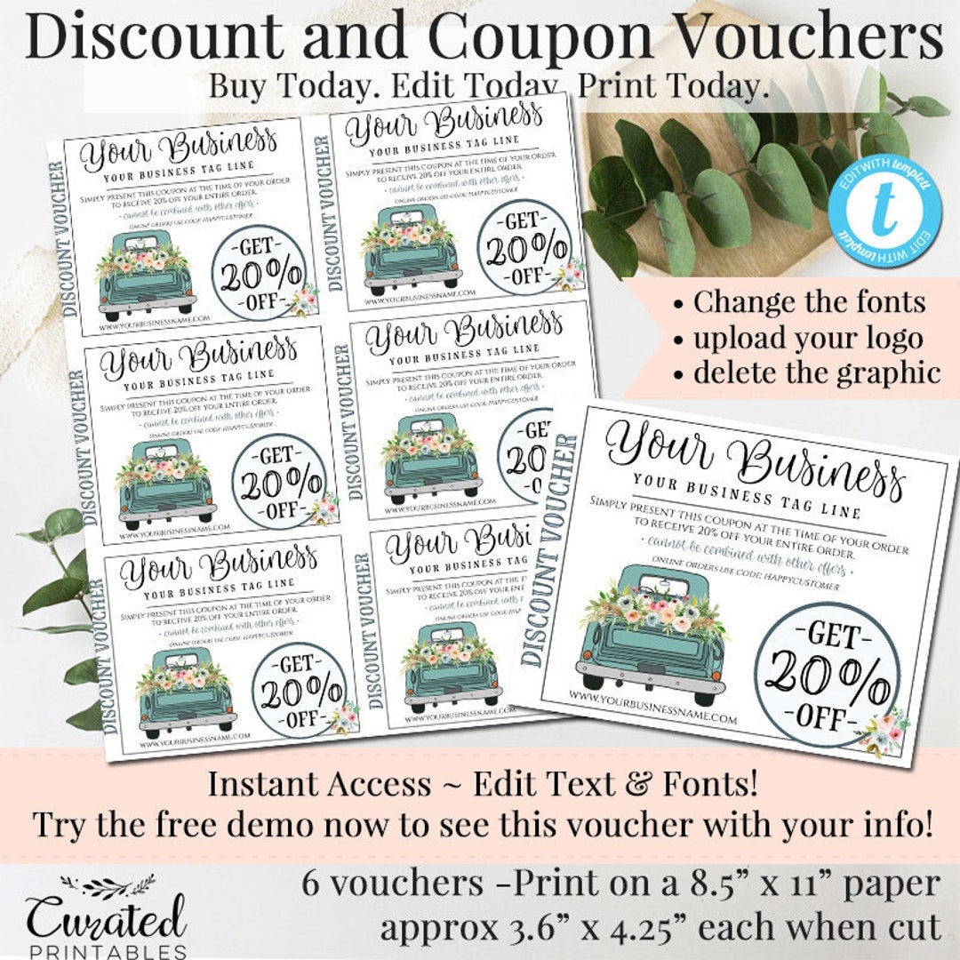 DIY Discount Coupons Editable Coupons DIY Vouchers Editable Gift Certificates DIY Marketing Printable Vouchers Printable Coupons Teal Etsy