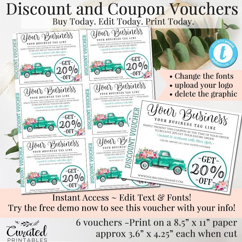 DIY Discount Coupons Editable Coupons DIY Vouchers Editable Gift Certificates DIY Marketing Printable Vouchers Printable Coupons Teal Etsy