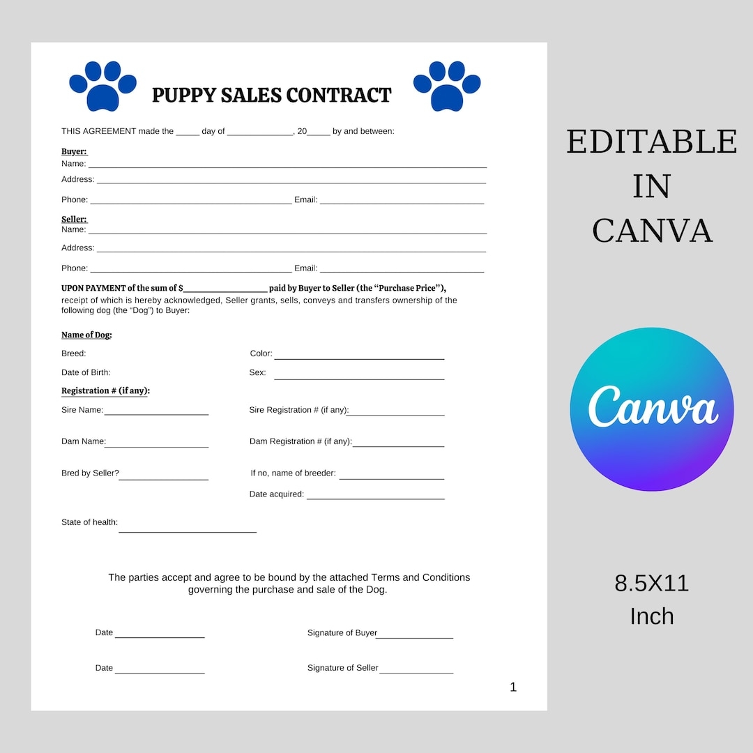 DIY Puppy Sales Contract Personalised Puppy Canva Template Puppy Contracts Puppy Contract Template PDF BLUE Dog Paw Etsy