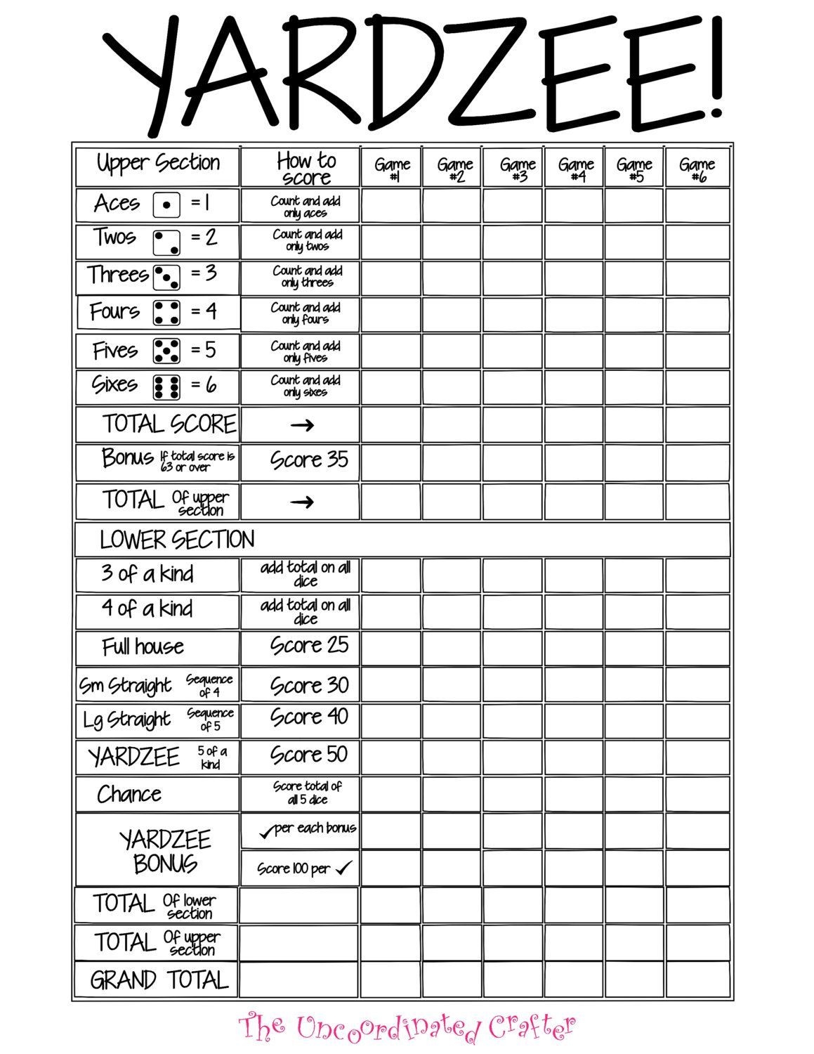 Diy Yardzee Score Card