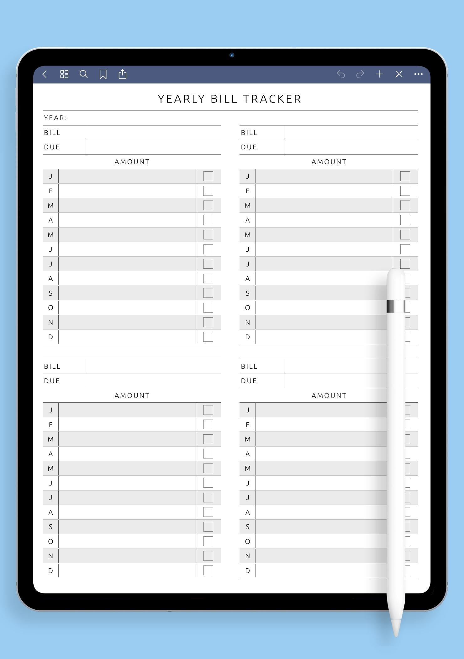 Download Printable Yearly Bill Tracker Template PDF