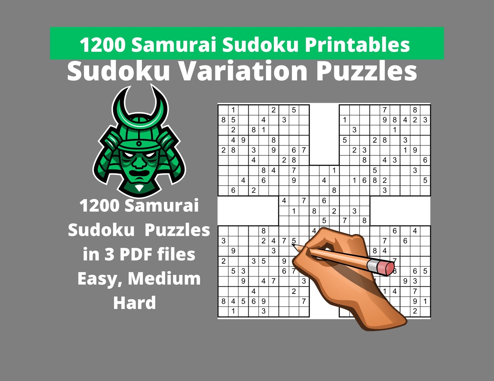 Easy Medium And Hard Samurai Sudoku Puzzles Printable PDF Bundle Of 1200 Sudoku Variation Puzzles With Answers Instant Download Etsy