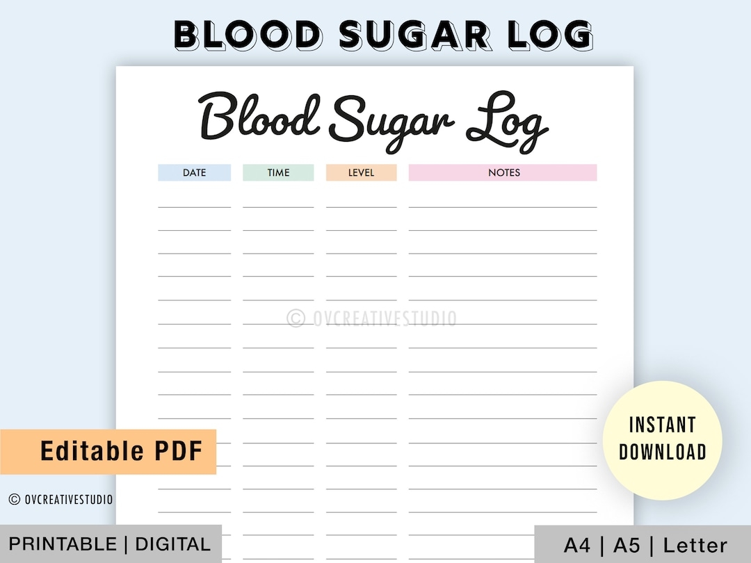 Editable Blood Sugar Log Printable Blood Sugar Reading Tracker Diabetes Blood Glucose Tracker A4 A5 Letter Digital PDF Etsy