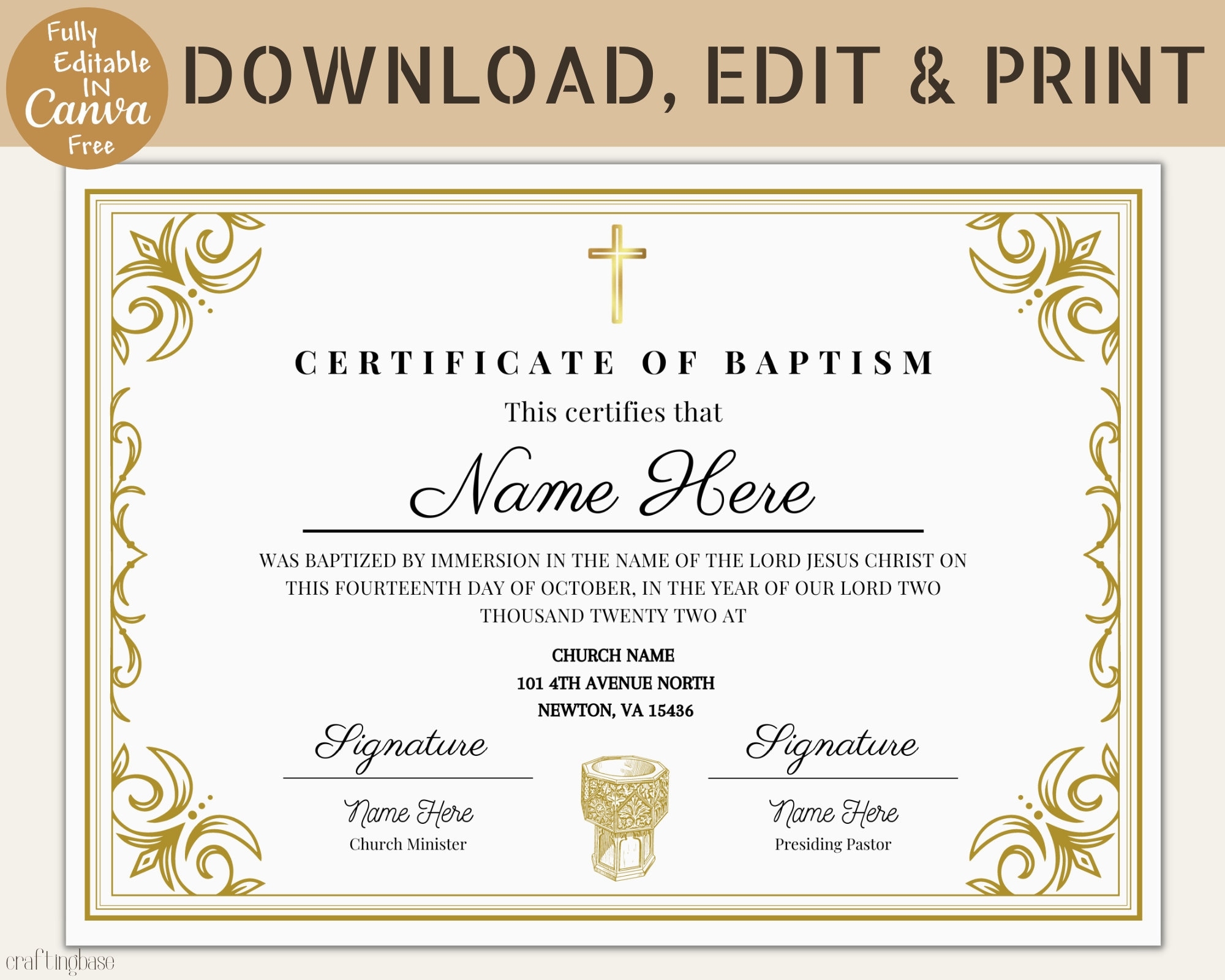 Editable Certificate Of Baptism Template Baptism Certificate Canva Template keepsake For Family Personalized Child s Baptism In Canva Etsy