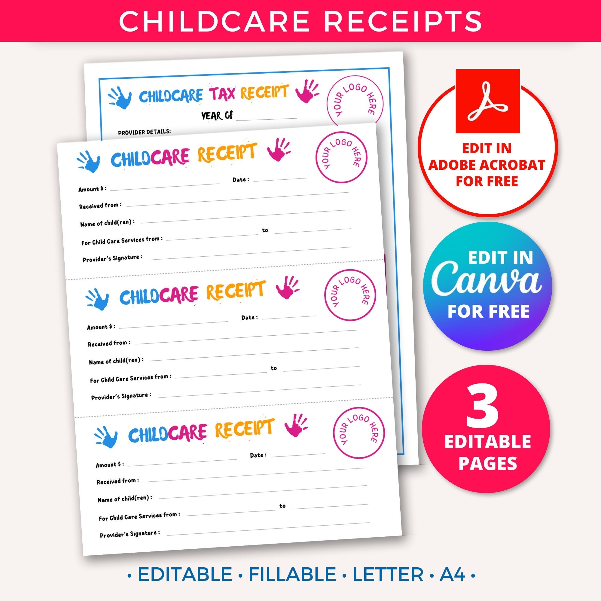 Editable Childcare Receipt Template In Home Daycare Tax Receipt Daycare Forms Child Care Business Paperwork Babysitter Nanny Preschool Etsy