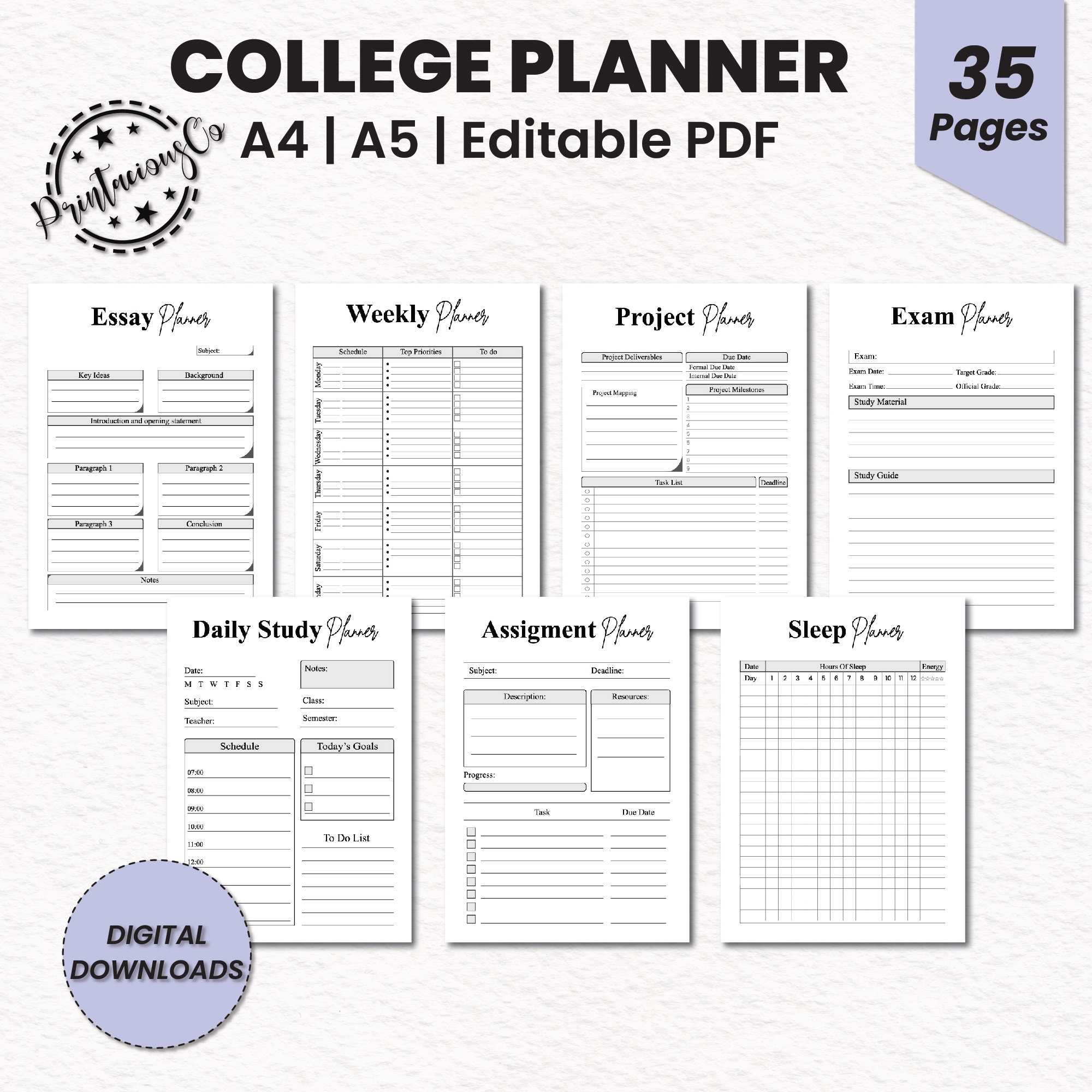 Editable College Planner Bundle Student Planner Printable Study Planner Course Planner Academic Planner Homework Planner Etsy
