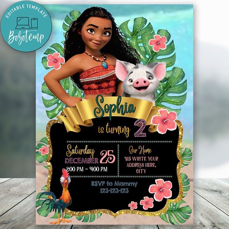 Editable Disney Princess Girl Moana Birthday Invitations DIY Bobotemp