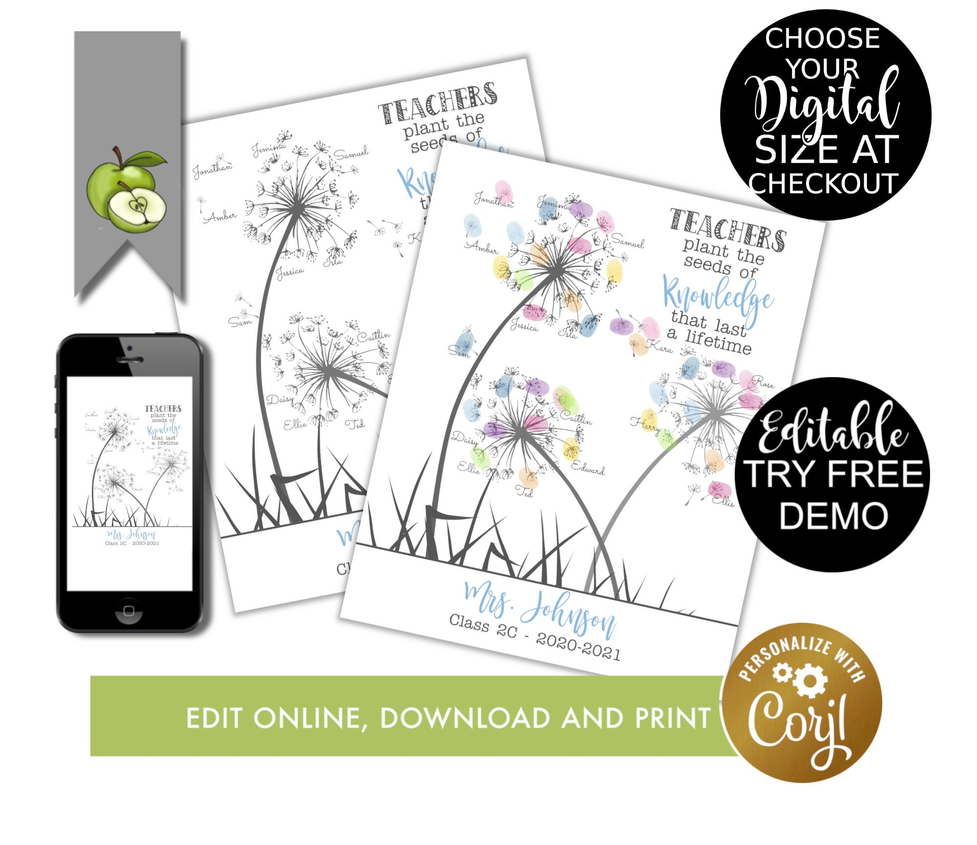 Editable Fingerprint Dandelion Template Class Teachers Gift Teacher Appreciation End Of Year Digital Download Edit On Corjl Printable Etsy