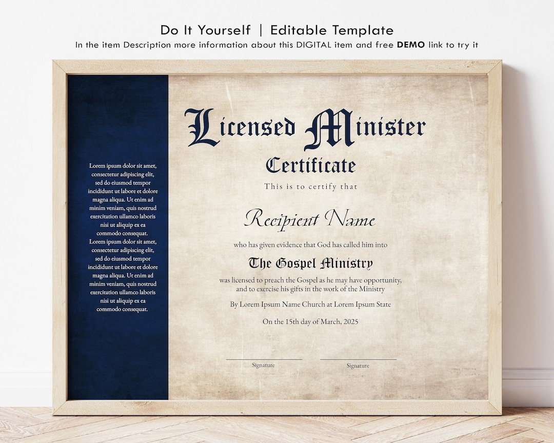 Editable Licensed Minister Certificate Template Printable Vintage Ordination Certificate Of License To Preach Instant Download Jet065 Etsy