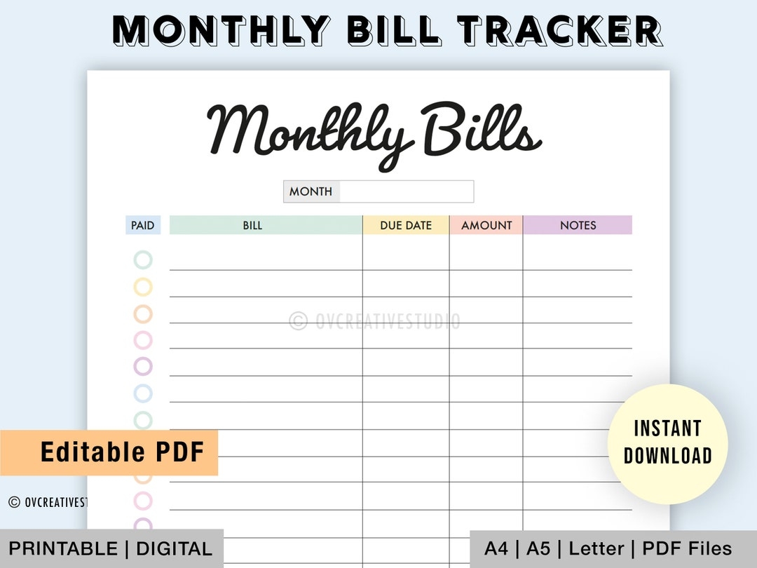 Editable Monthly Bill Tracker Bill Planner Monthly Bill Log Bill Payment Checklist Bill Payment Tracker Printable Digital PDF Etsy