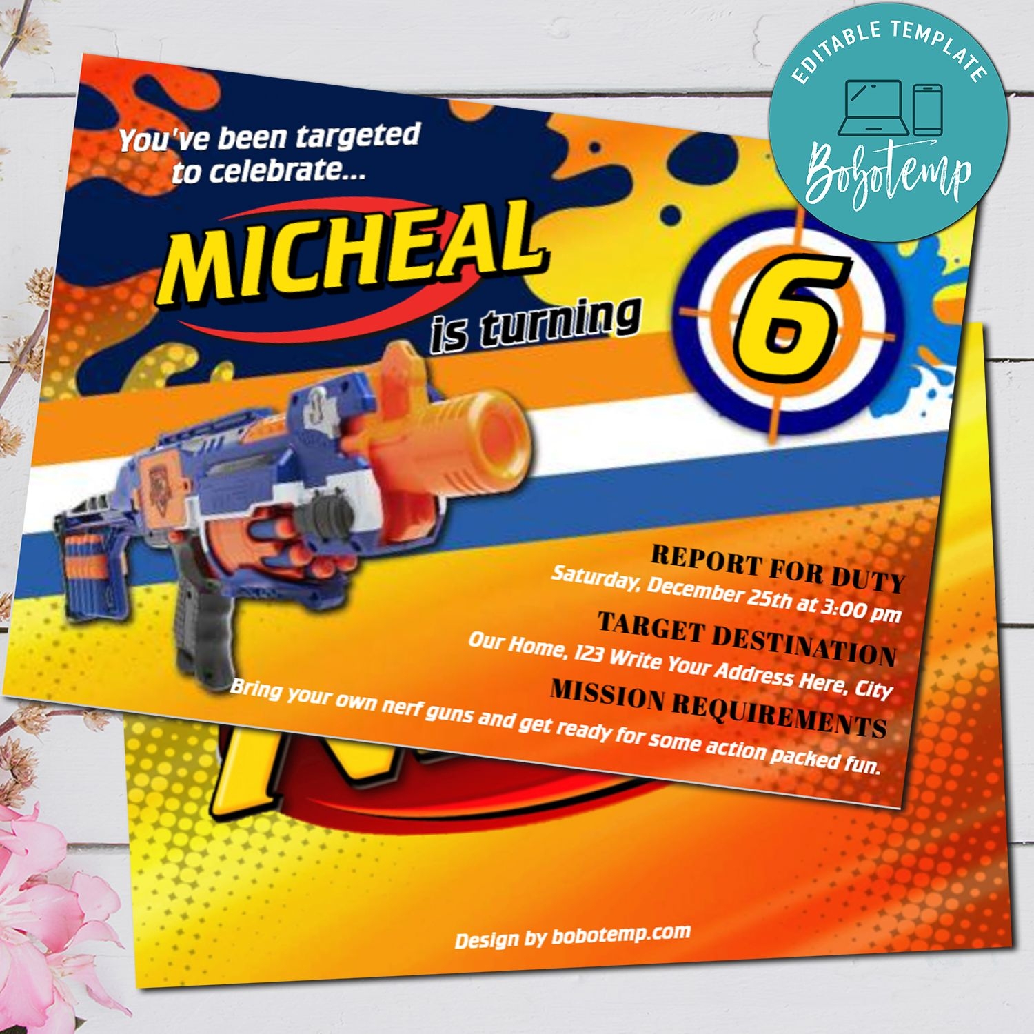 Editable Nerf Gun Dart Gun Birthday Party Invitation DIY Bobotemp