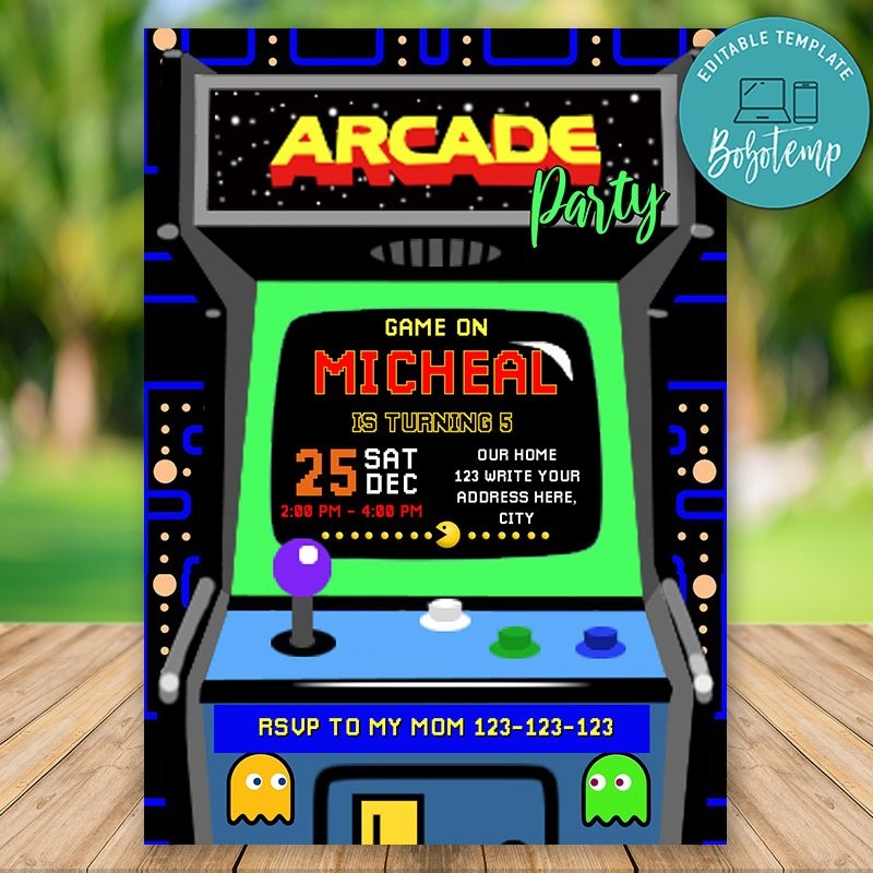 Editable Retro Arcade Birthday Invitation Instant Download Bobotemp