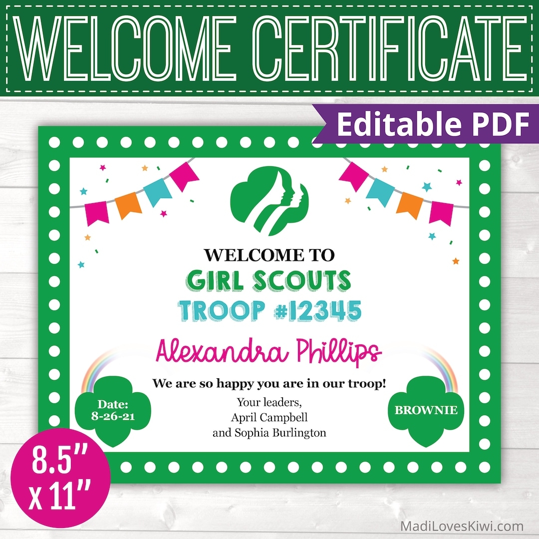 Editable Scout Welcome Certificate Printable New Member For All GS Level Daisy Brownie Junior Cadet DIY Girl Troop Leader Instant Download Etsy