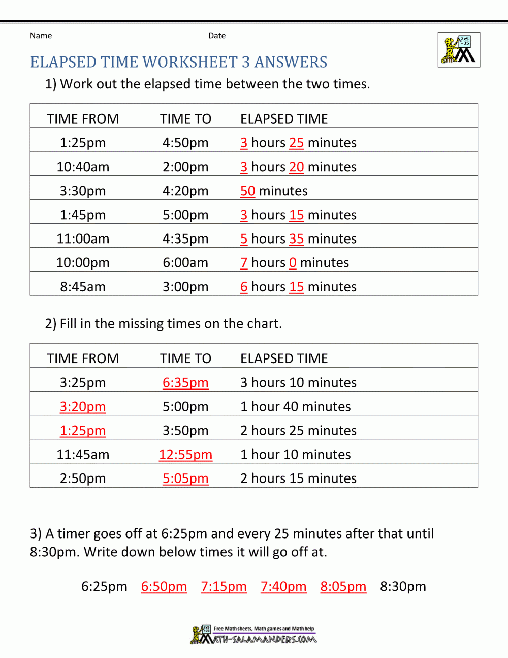 Elasped Time Free Printable Worksheets