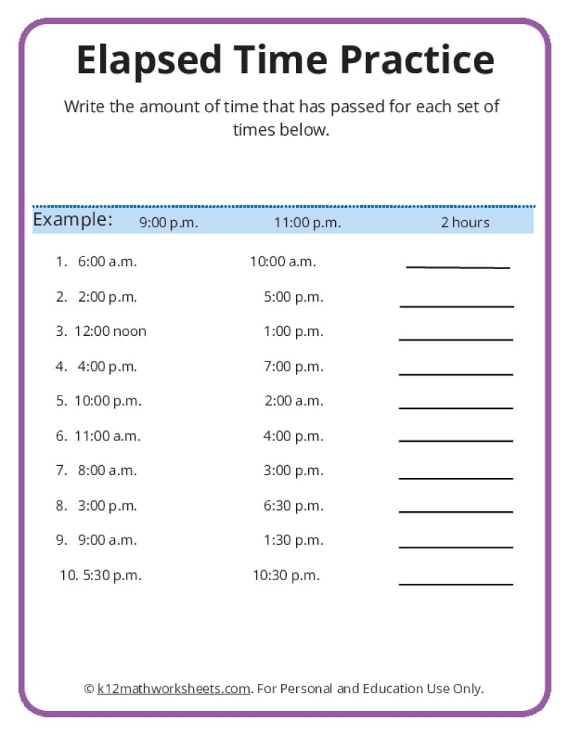 Elapsed Time Worksheets K12 Math Worksheets
