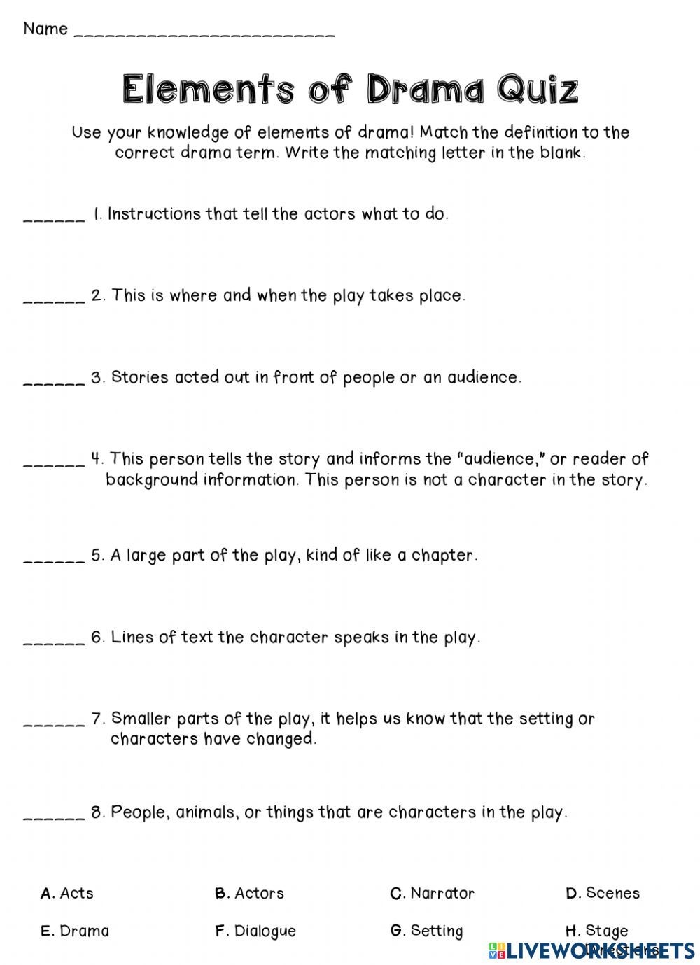 Elements Of Drama Quiz Interactive Worksheet