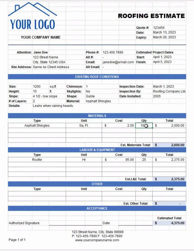 Excel Roofing Estimate Template Roofer Quote Template Simple Contractor Quote Template Blue Roofing Excel Quote Etsy