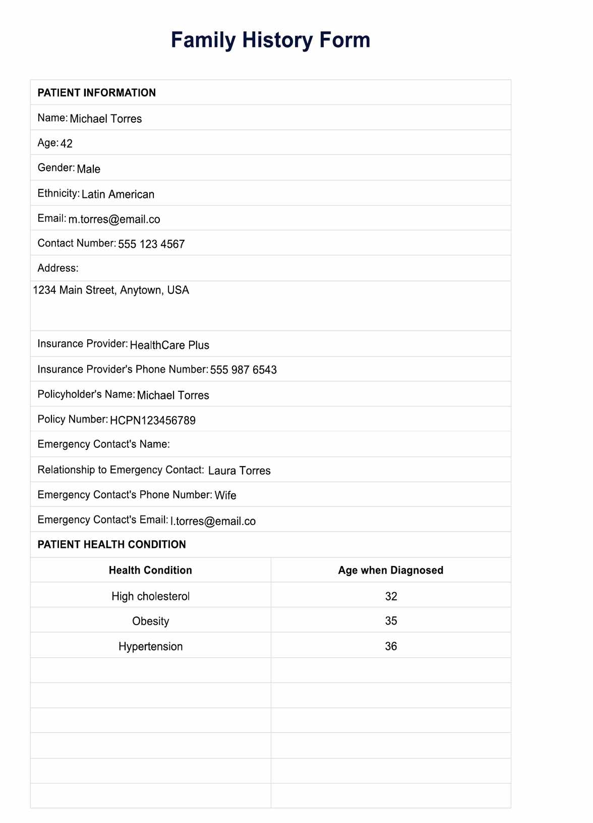 Family History Form Example Free PDF Download