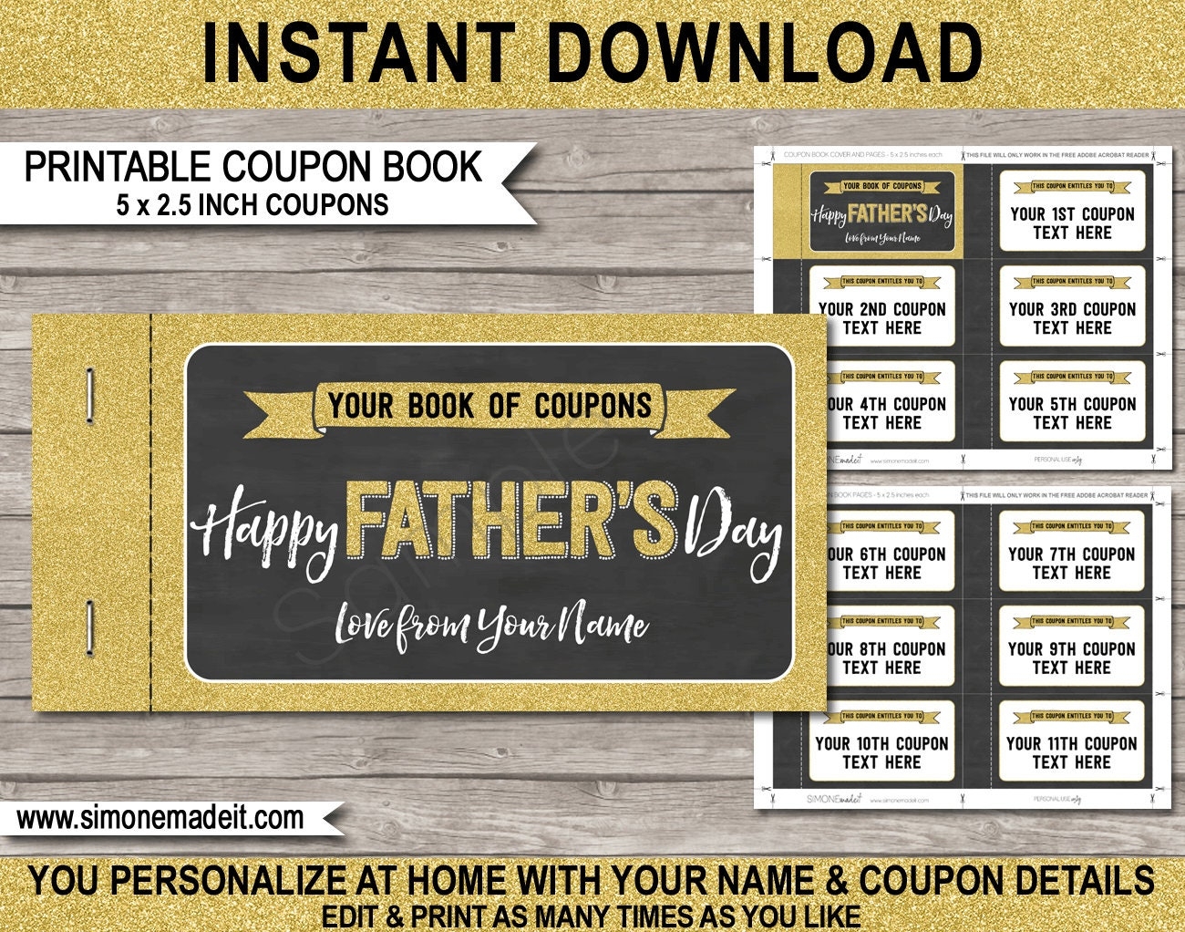 Fathers Day Coupon Book Printable Template Personalized Gift Voucher Card For Dad Gold Glitter EDITABLE TEXT DOWNLOAD Etsy