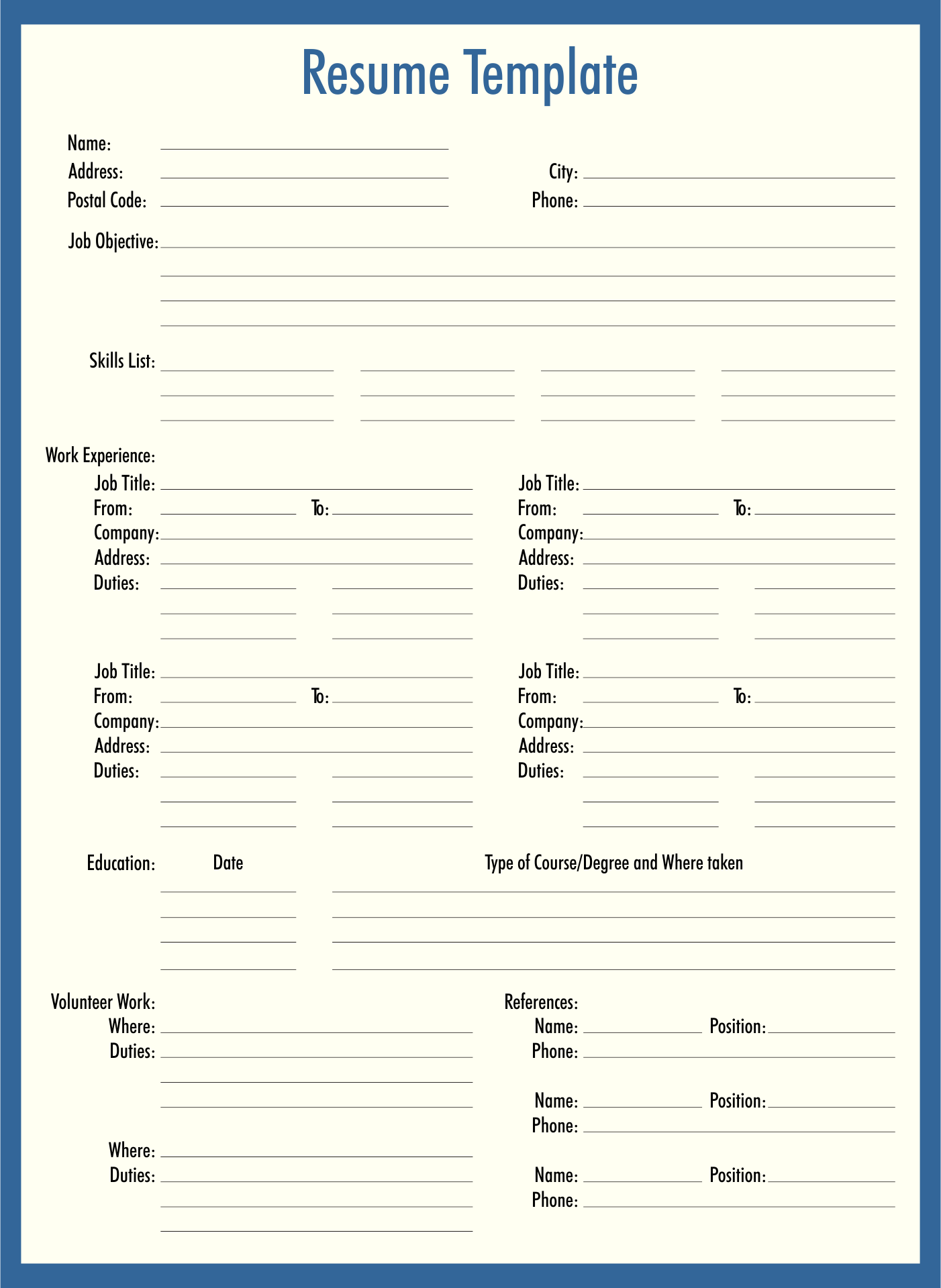 Free Printable Resume Worksheet