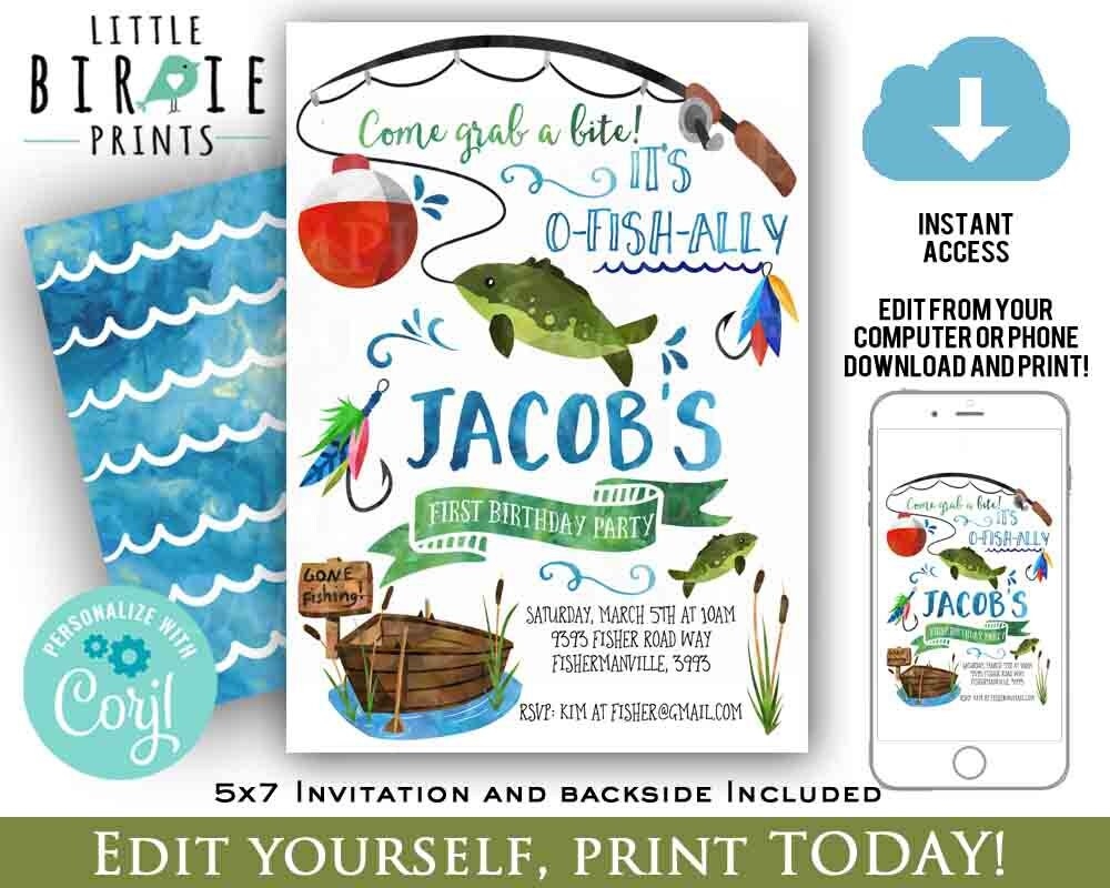 FISHING BIRTHDAY INVITATION Fishing First Birthday Invitation Watercolor Fishing Birthday Party Invitation Printable Fish Invitation Etsy