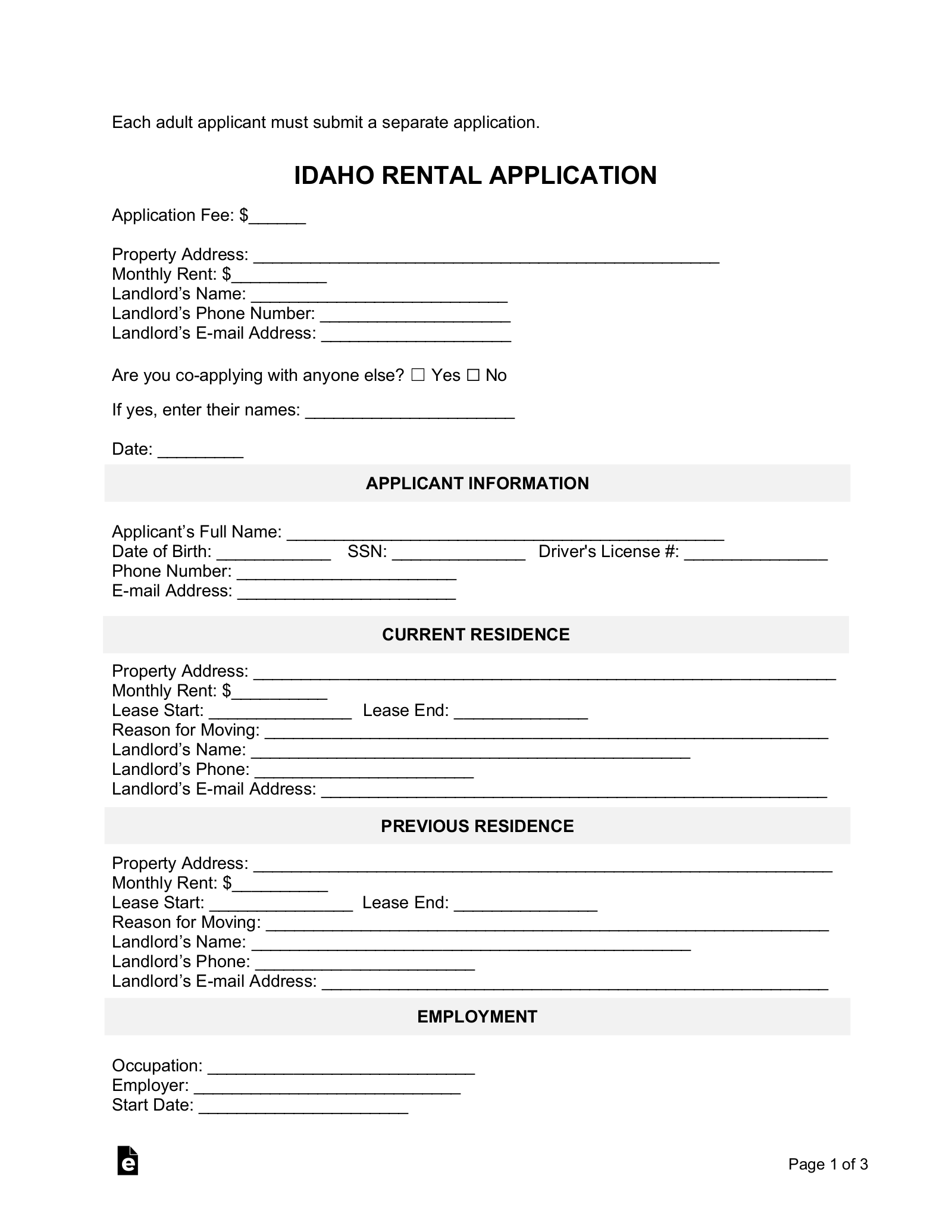 Free Idaho Rental Application Template PDF Word EForms