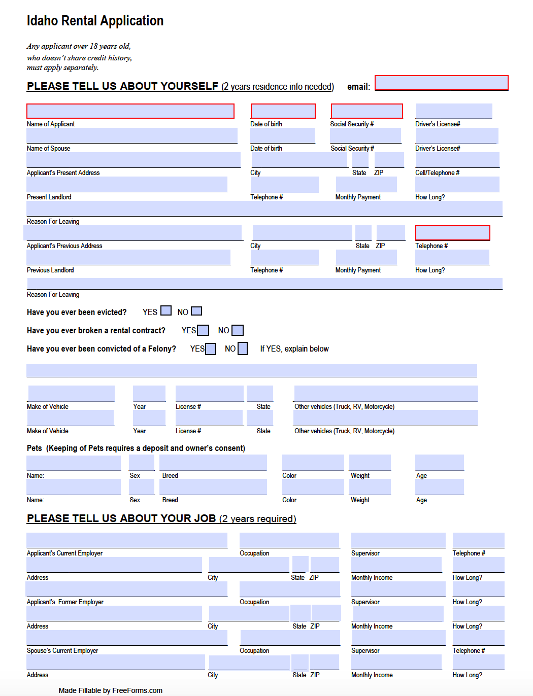 Free Idaho Residential Rental Application Form PDF