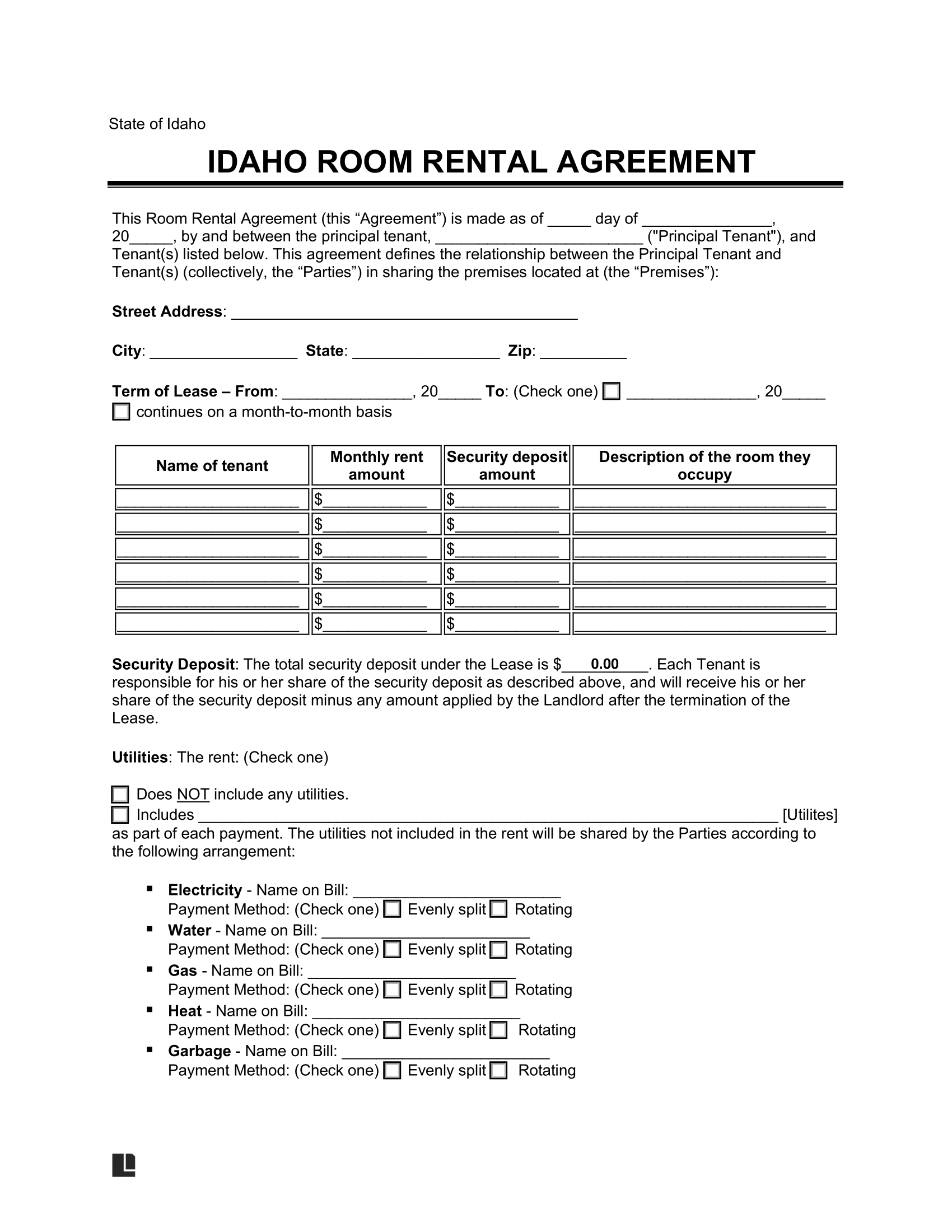 Free Idaho Room Rental Agreement Template PDF Word