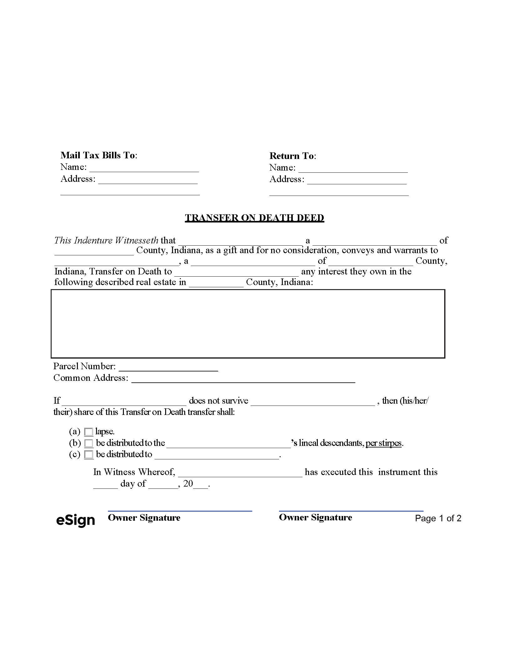 Free Indiana Transfer On Death Deed Form PDF