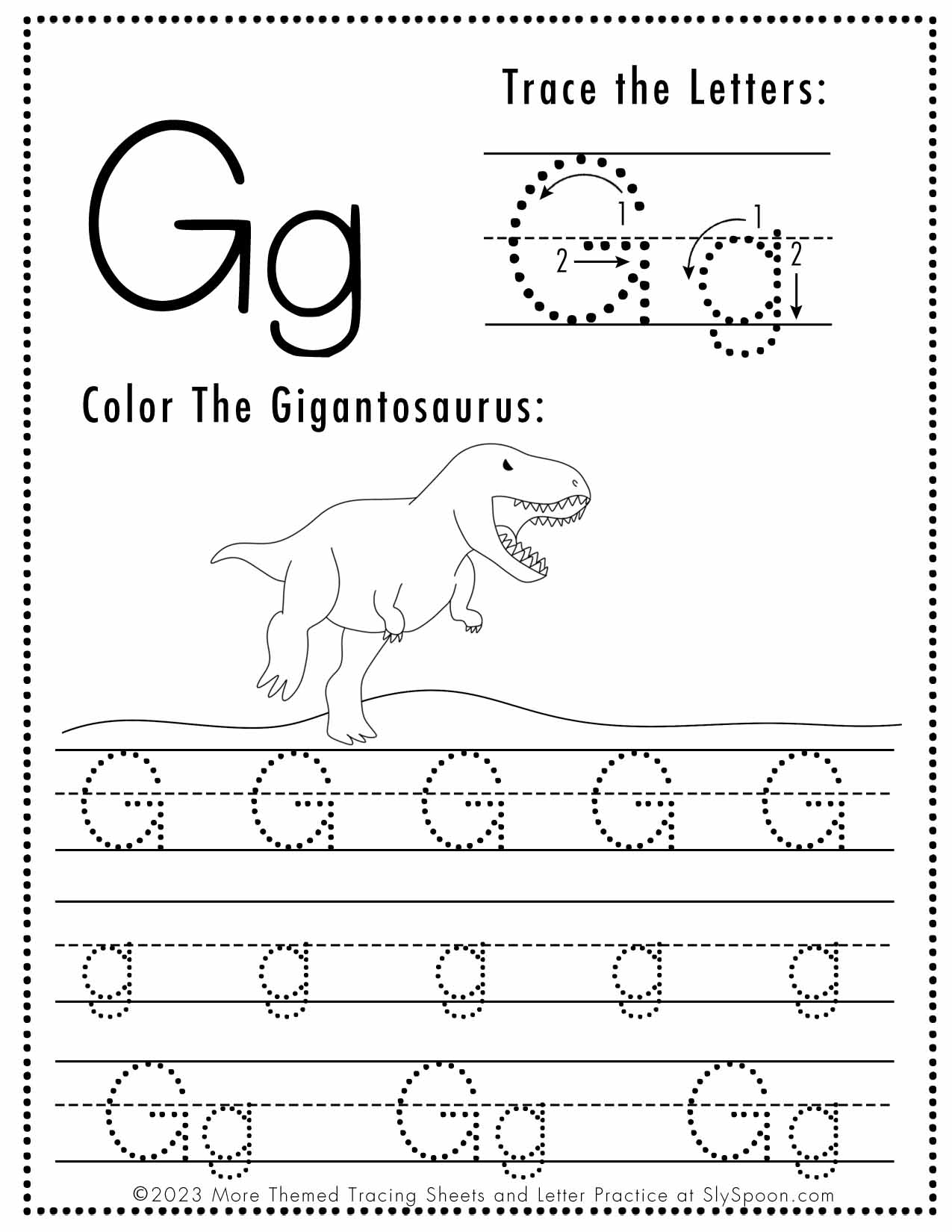 Free Letter G Tracing Worksheet Printable Dinosaur Themed Sly SpoonSly Spoon