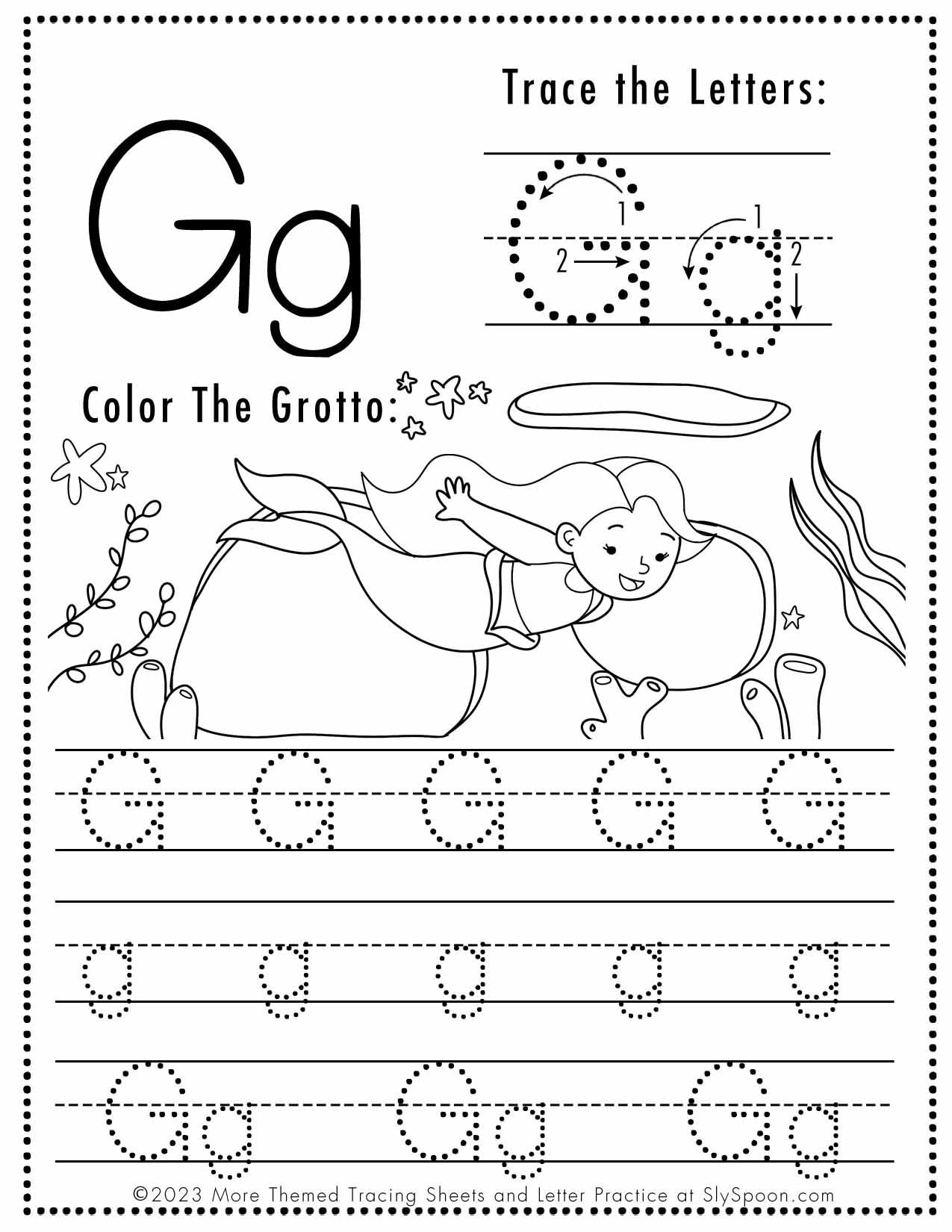 Free Letter G Tracing Worksheet Printable Mermaid Themed Sly SpoonSly Spoon
