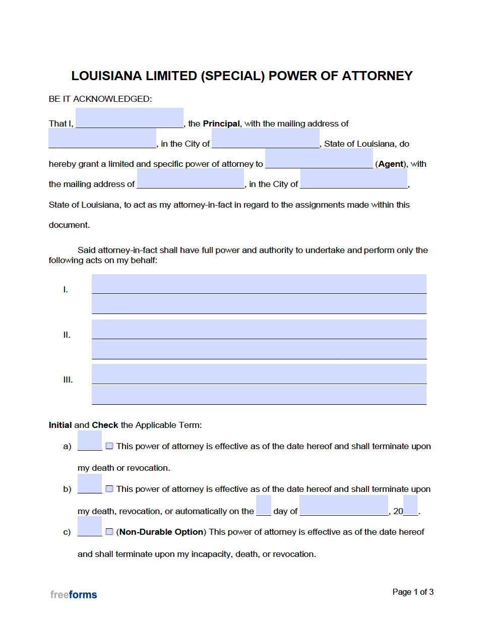 Free Louisiana Limited Special Power Of Attorney Form PDF Word