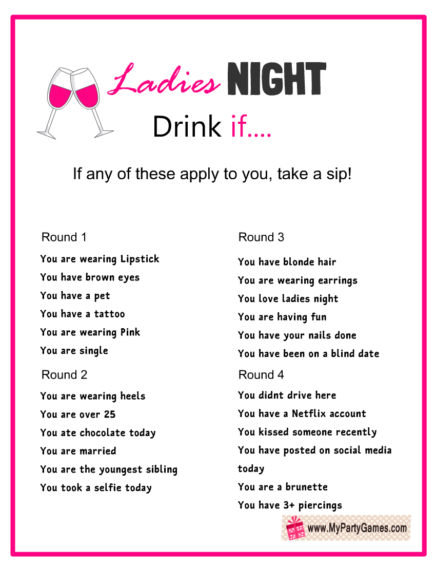 Free Printable Ladies Night Drink If Game