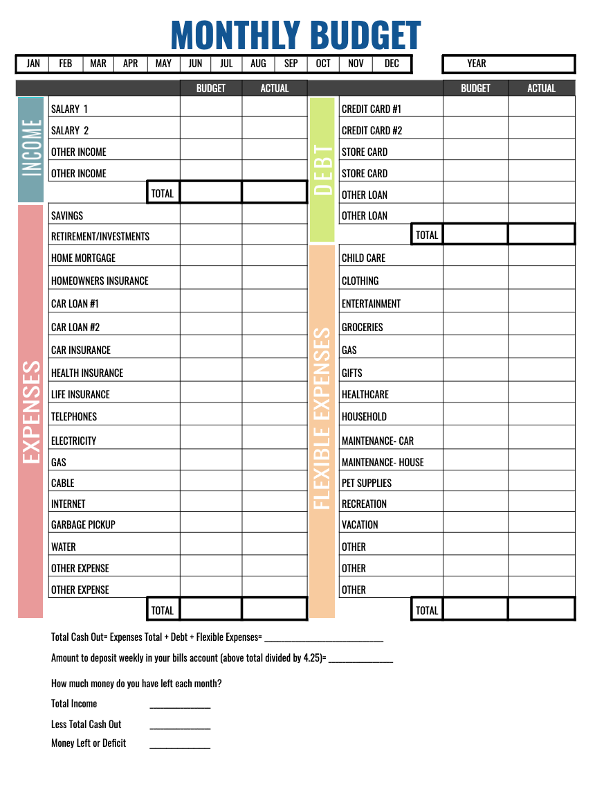 Free Printable Monthly Budget Worksheet