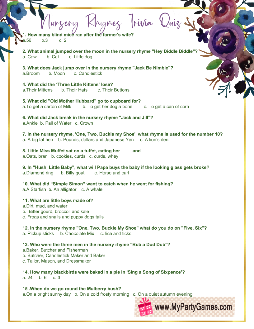 Free Printable Nursery Rhymes Trivia Quiz With Answer Key