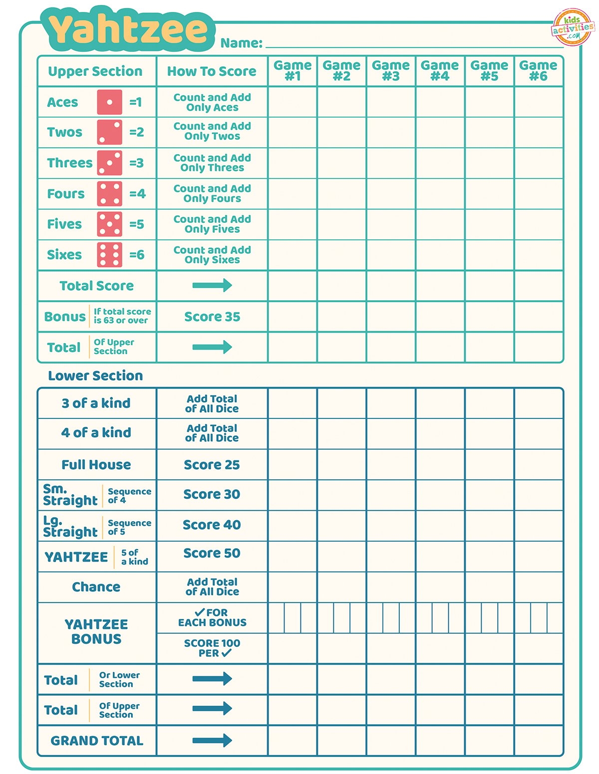 Free Printable Yahtzee Score Cards Kids Activities Blog