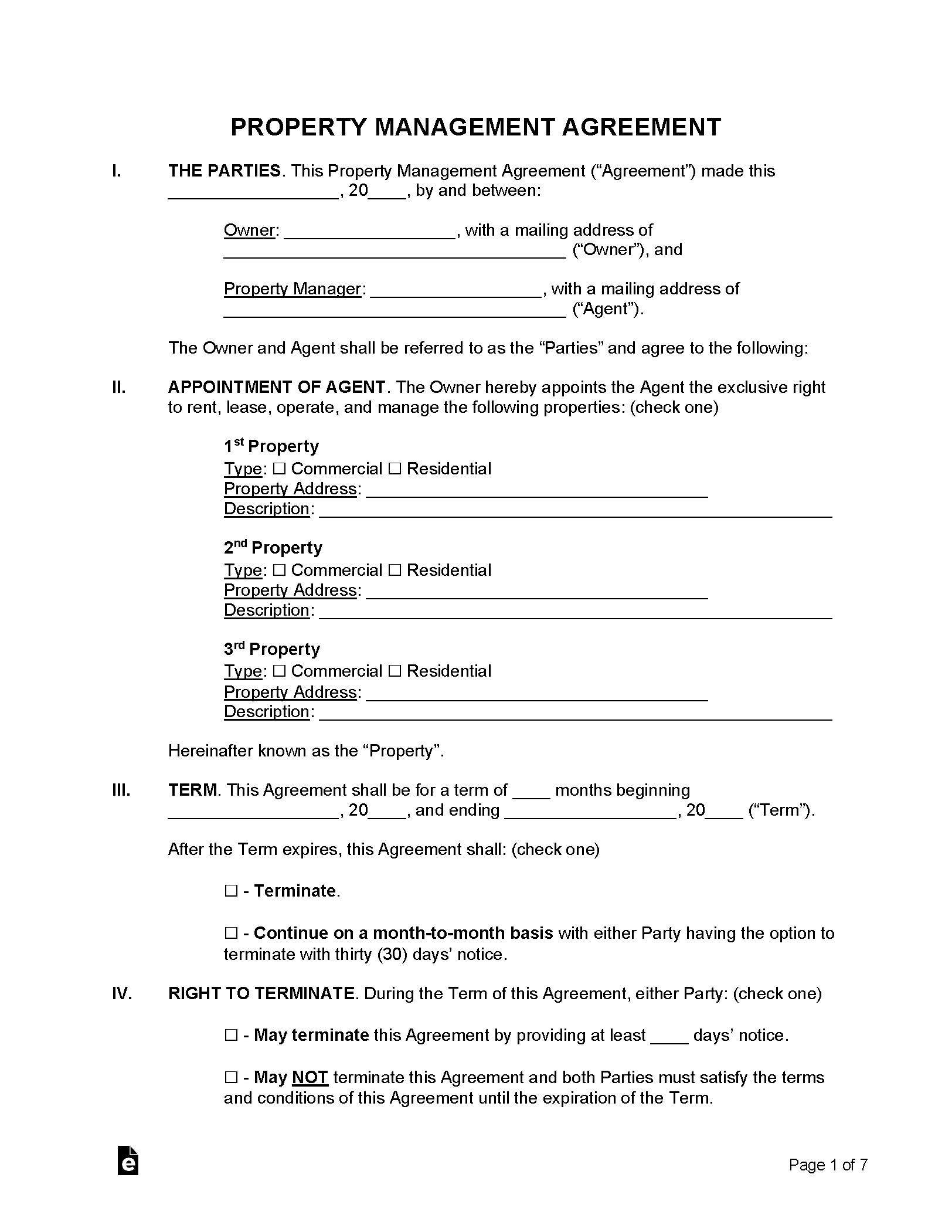 Free Property Management Agreements 3 Commercial Residential PDF Word EForms