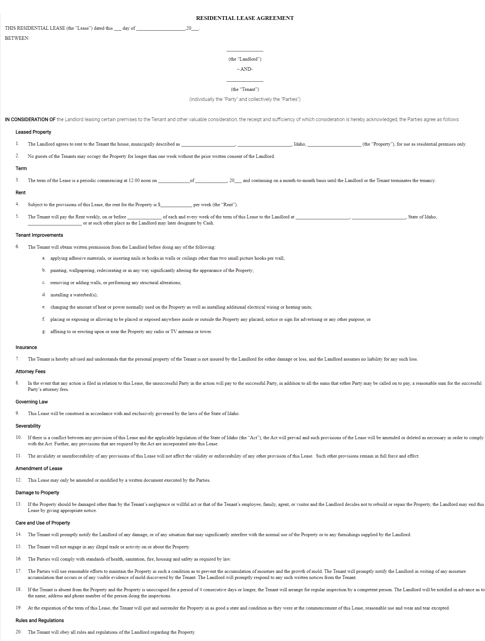 Free Printable Idaho Rental Application