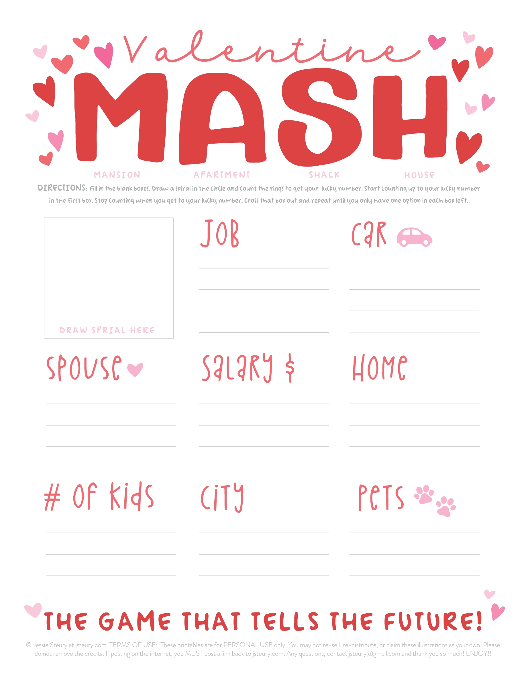 Free Valentine MASH Game Word Search Cards Jessie Steury