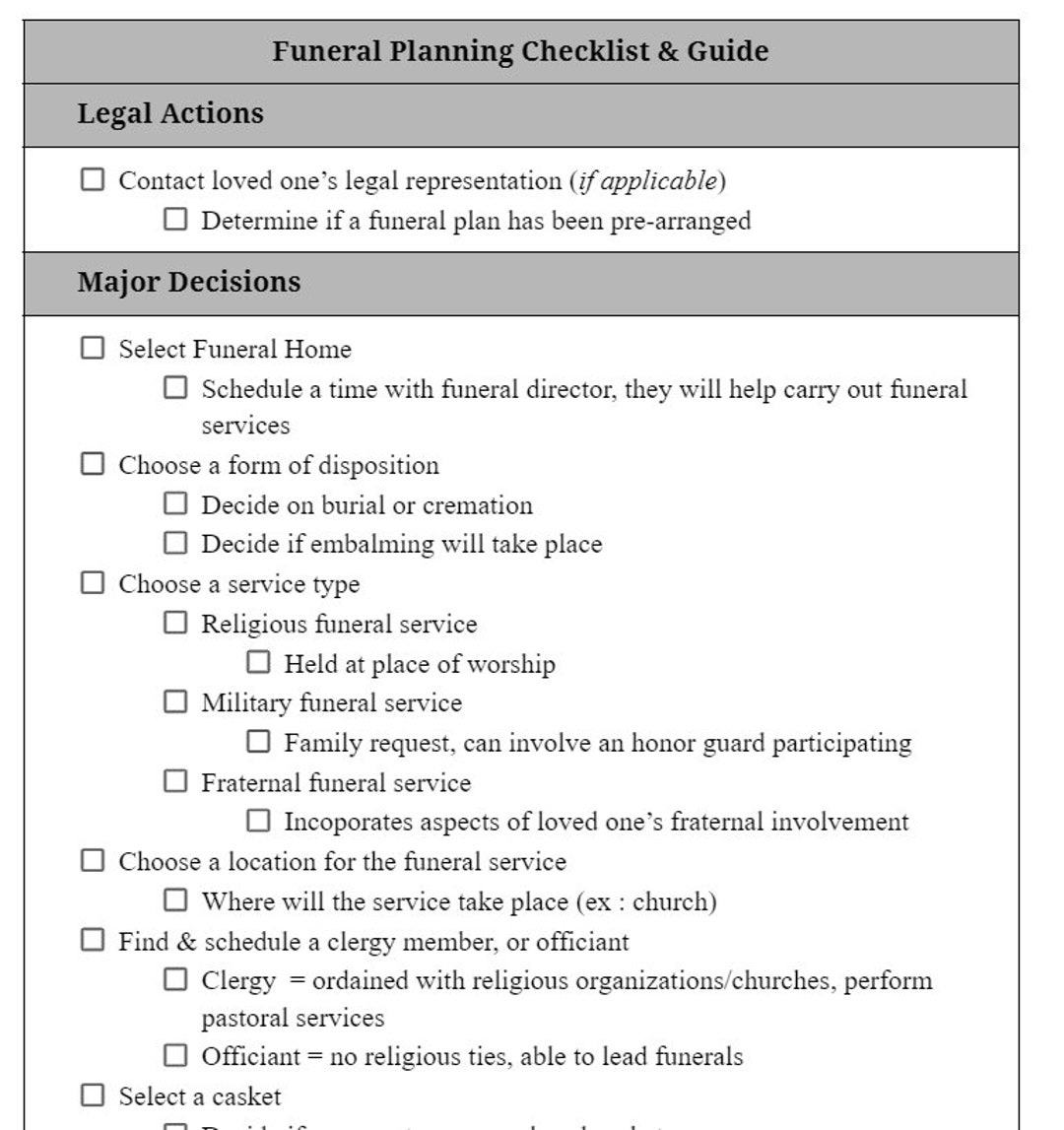 Funeral Planning Checklist Bonus Cremation Comparison Chart Etsy