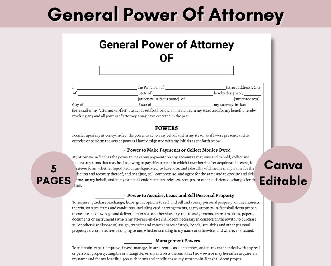General Power Of Attorney General Power Of Attorney Form Editable POA Form Printable POA Templates Legal Contract 5 Pages PDF Etsy