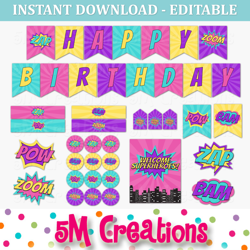 Girl Superhero Birthday Party Printable Decorations Editable Instant Download 5M Creations Blog