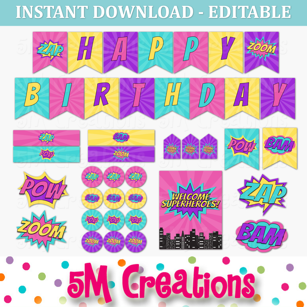 Girl Superhero Party FREE Printables 5M Creations Blog